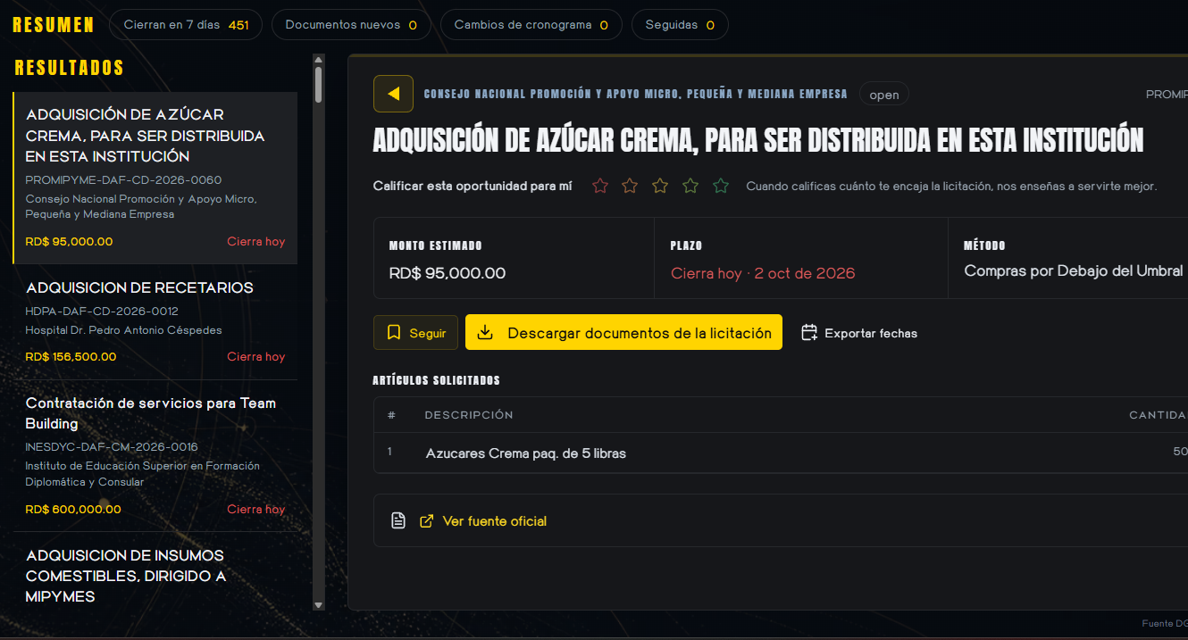 Vista de una licitación en Mi Coraxis: monto, plazo, seguimiento y documentos